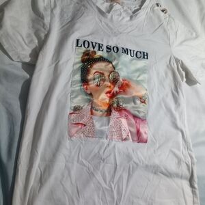 Miao Miao White Graphic Tee with Pink Accents